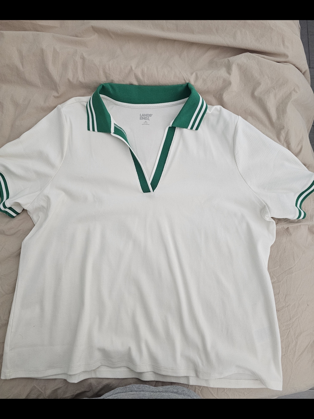 Lands' End White Polo with Green Trim - Women's Short Sleeve